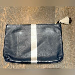 Kempton & Co - Navy/Silver Striped Suede & Leather Medium Pouch